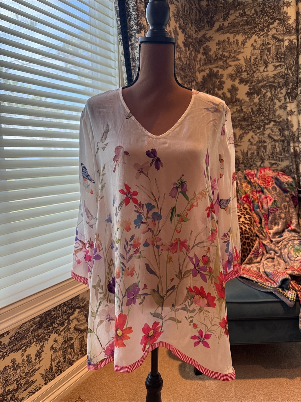 Johnny Was White Floral Tunic with Pink, Purple and Green Accents